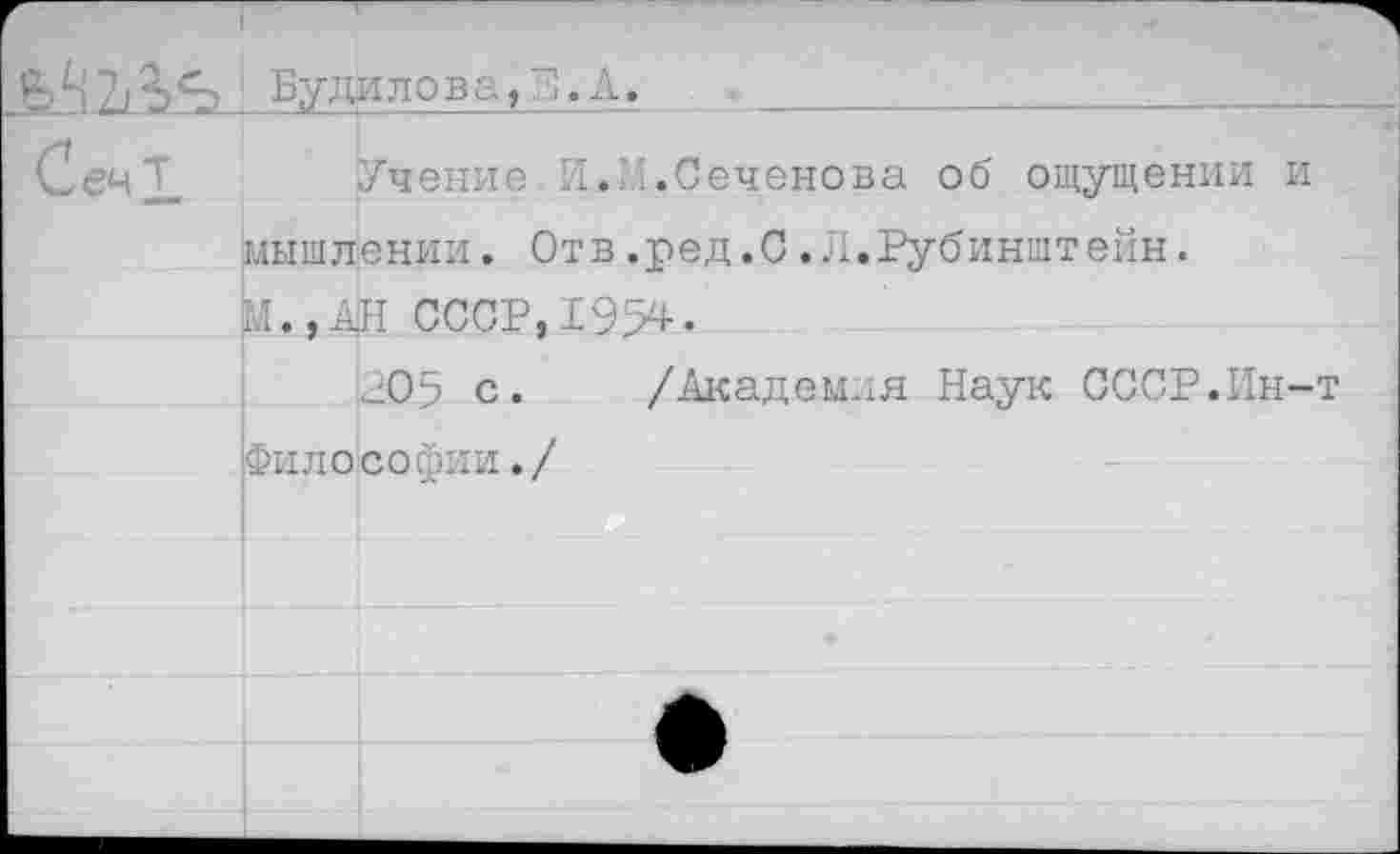 ﻿Будилова, Л!. Л.
СечТ Учение И.М.Сеченова об ощущении мышлении. Отв.ред.С.Л.Рубинштейн. Л., АН СССР,1954.
205 с. /Академия Наук СССР.Ин Философии./